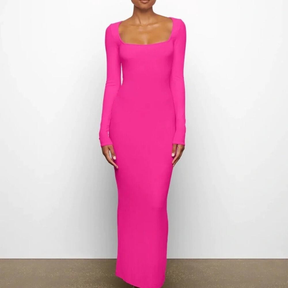 SKIMS Soft Lounge Ribbed Long Sleeve Maxi Dress Hot Pink L